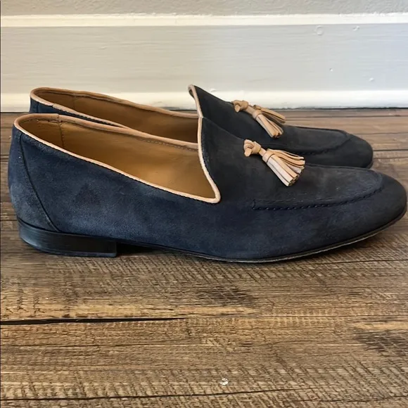 Leonardo Principi Italian Men's Navy Tassel Suede Loafers
