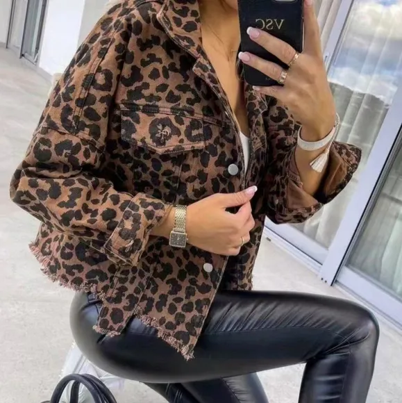 Leopard Print Denim Distressed Jean Jacket Button-Up Classic Collar Mobwife Glam