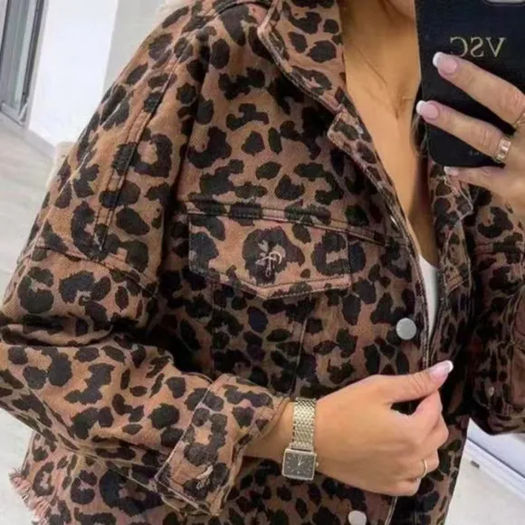 Leopard Print Denim Distressed Jean Jacket Button-Up Classic Collar Mobwife Glam