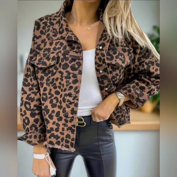 Leopard Print Denim Distressed Jean Jacket Button-Up Classic Collar Mobwife Glam