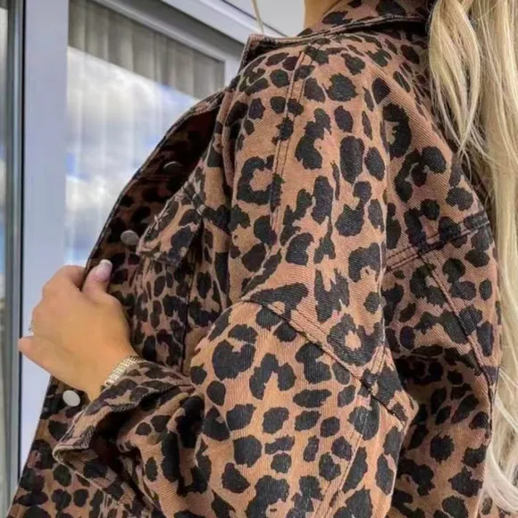 Leopard Print Denim Distressed Jean Jacket Button-Up Classic Collar Mobwife Glam