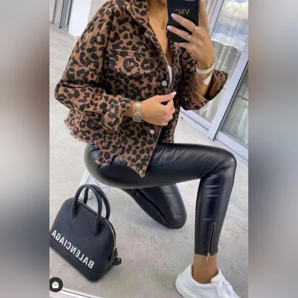 Leopard Print Denim Distressed Jean Jacket Button-Up Classic Collar Mobwife Glam