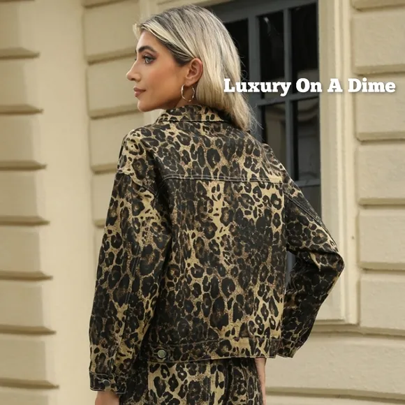 Leopard Print Denim Jean Jacket Full Button Front Classic Collar Mobwife Glam