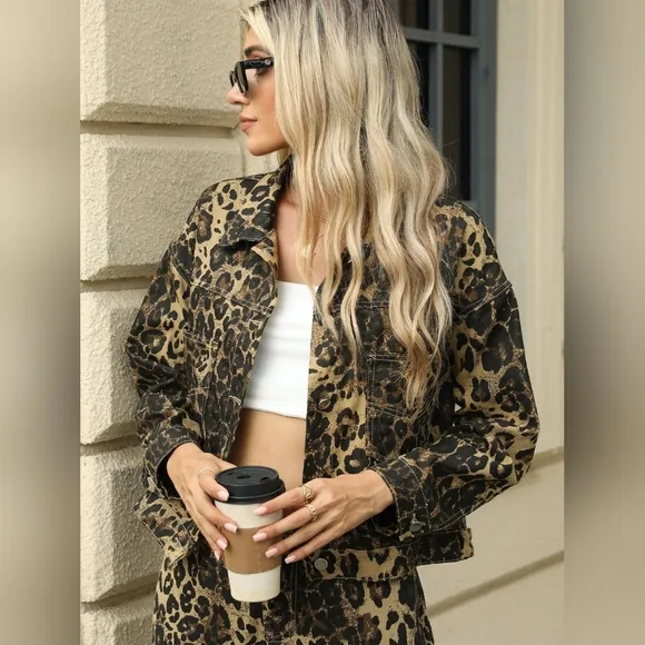 Leopard Print Denim Jean Jacket Full Button Front Classic Collar Mobwife Glam