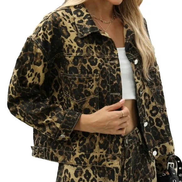 Leopard Print Denim Jean Jacket Full Button Front Classic Collar Mobwife Glam