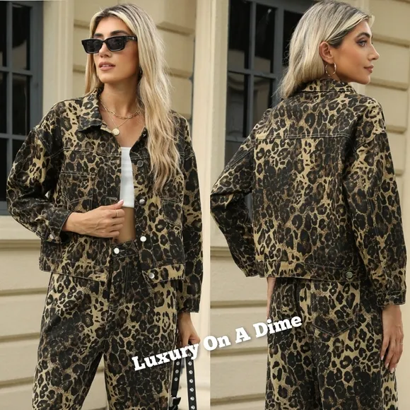 Leopard Print Denim Jean Jacket Full Button Front Classic Collar Mobwife Glam