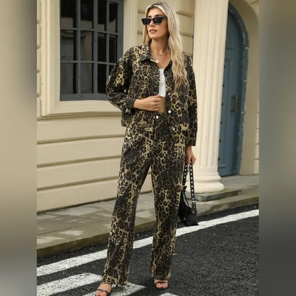 Leopard Print Denim Jean Jacket Full Button Front Classic Collar Mobwife Glam