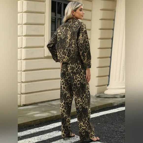 Leopard Print Denim Jean Jacket Full Button Front Classic Collar Mobwife Glam