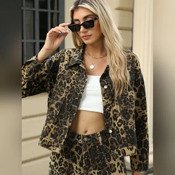 Leopard Print Denim Jean Jacket Full Button Front Classic Collar Mobwife Glam