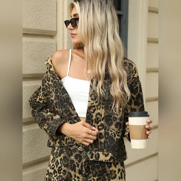 Leopard Print Denim Jean Jacket Full Button Front Classic Collar Mobwife Glam
