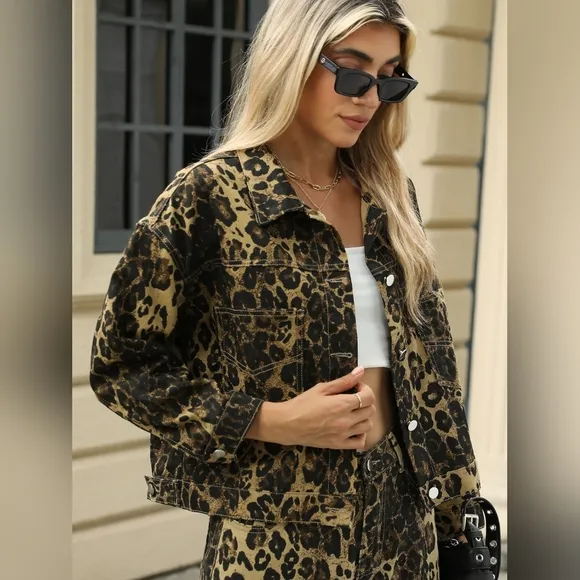 Leopard Print Denim Jean Jacket Full Button Front Classic Collar Mobwife Glam