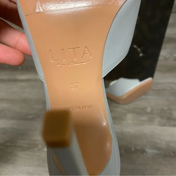 Lita By Ciara | Solid Square Toe Heeled Sandals Silver Nappa Leather Size 37 NEW