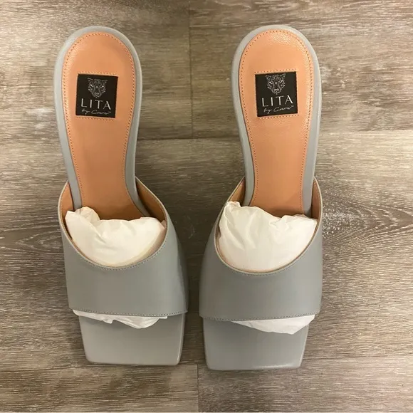 Lita By Ciara | Solid Square Toe Heeled Sandals Silver Nappa Leather Size 37 NEW