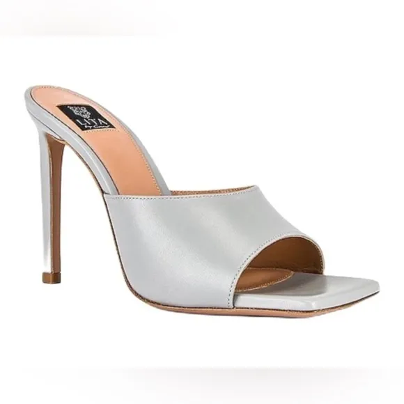 Lita By Ciara | Solid Square Toe Heeled Sandals Silver Nappa Leather Size 37 NEW
