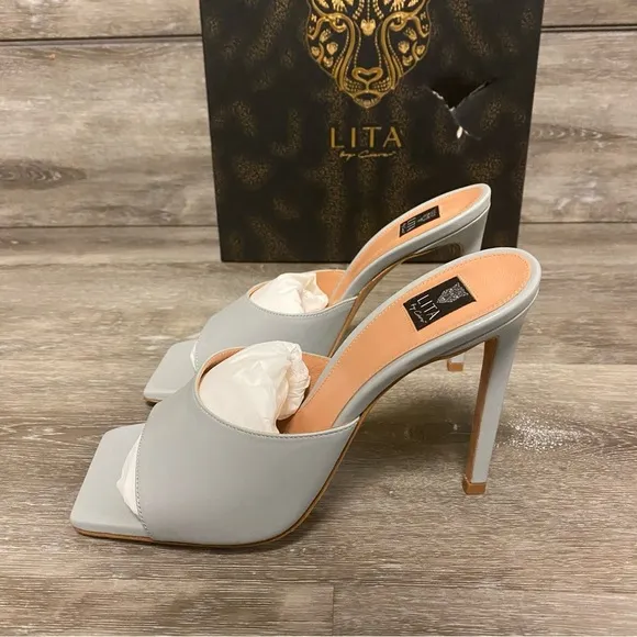 Lita By Ciara | Solid Square Toe Heeled Sandals Silver Nappa Leather Size 37 NEW