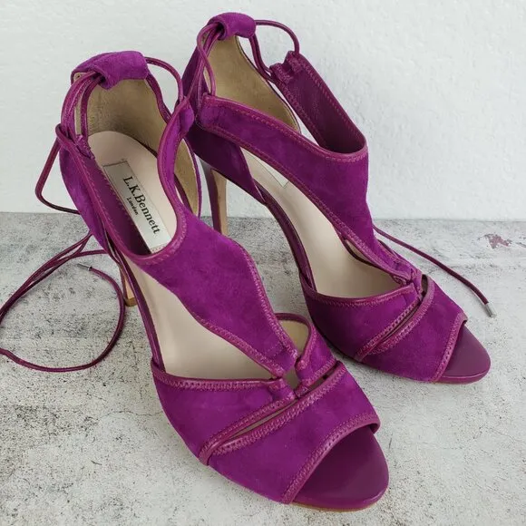 L.K. Bennett Giselle Suede Sandals Strappy Heels Purple 38.5 ASO Nicole Kidman