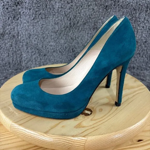 LK Bennett Suede Pumps Womens 9 Blue Slip On Round Toe Stiletto Made in Spain