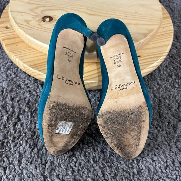 LK Bennett Suede Pumps Womens 9 Blue Slip On Round Toe Stiletto Made in Spain
