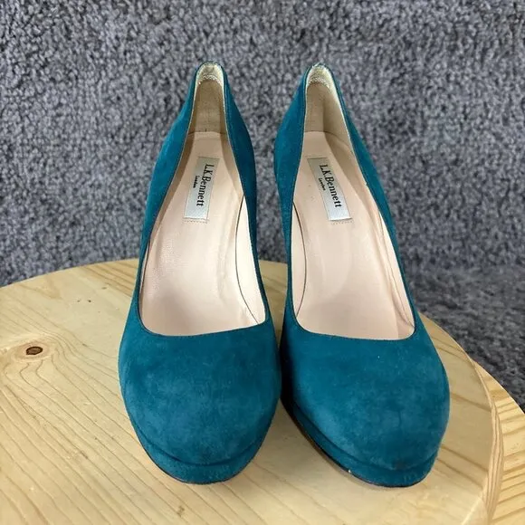 LK Bennett Suede Pumps Womens 9 Blue Slip On Round Toe Stiletto Made in Spain