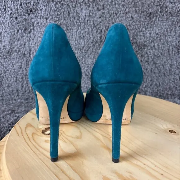 LK Bennett Suede Pumps Womens 9 Blue Slip On Round Toe Stiletto Made in Spain