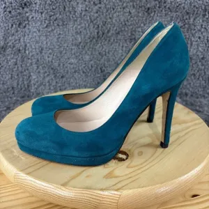 LK Bennett Suede Pumps Womens 9 Blue Slip On Round Toe Stiletto Made in Spain