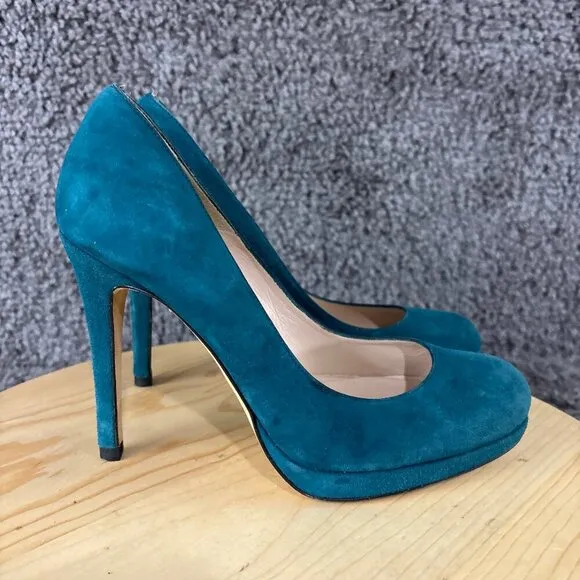 LK Bennett Suede Pumps Womens 9 Blue Slip On Round Toe Stiletto Made in Spain