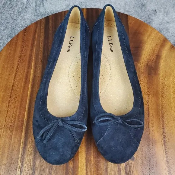 LL Bean Ballet Flats Women's 8 M Blue Suede Leather Bow Slip On Comfort Shoes