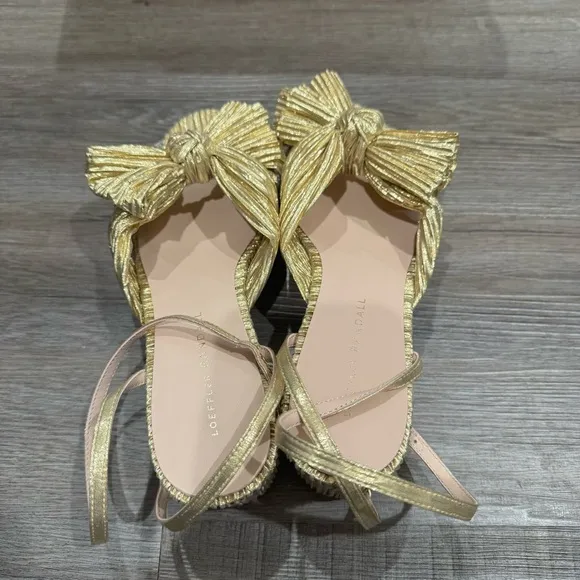 Loeffler Randall Dahlia Gold Pleated Fabric Knot Heeled Sandals