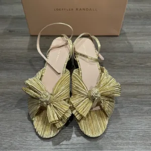 Loeffler Randall Dahlia Gold Pleated Fabric Knot Heeled Sandals