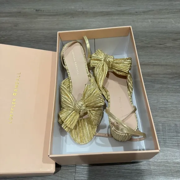 Loeffler Randall Dahlia Gold Pleated Fabric Knot Heeled Sandals