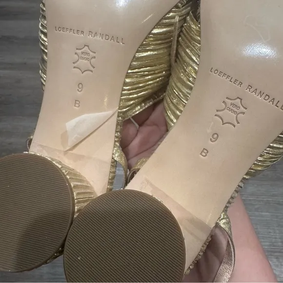 Loeffler Randall Dahlia Gold Pleated Fabric Knot Heeled Sandals
