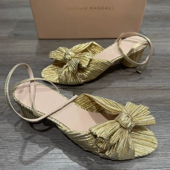 Loeffler Randall Dahlia Gold Pleated Fabric Knot Heeled Sandals