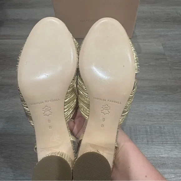 Loeffler Randall Dahlia Gold Pleated Fabric Knot Heeled Sandals