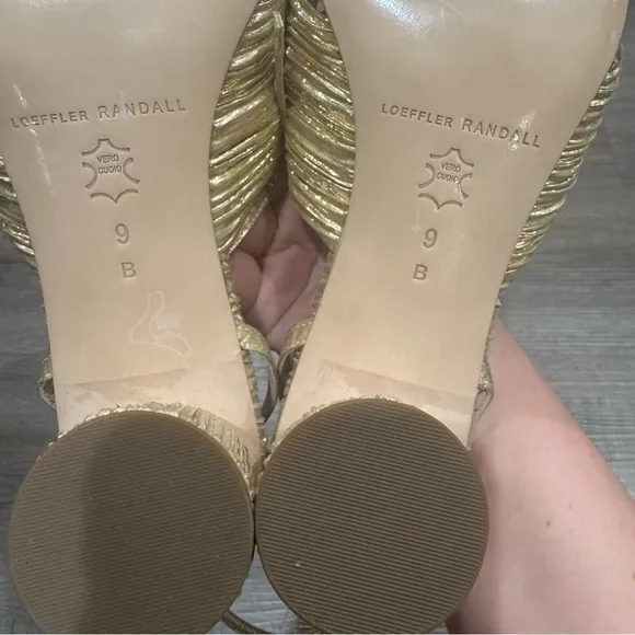 Loeffler Randall Dahlia Gold Pleated Fabric Knot Heeled Sandals