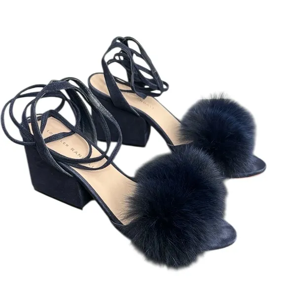 Loeffler Randall Nicky Fur-Accented Women's Navy chunky Heeled Sandals Sz 9B