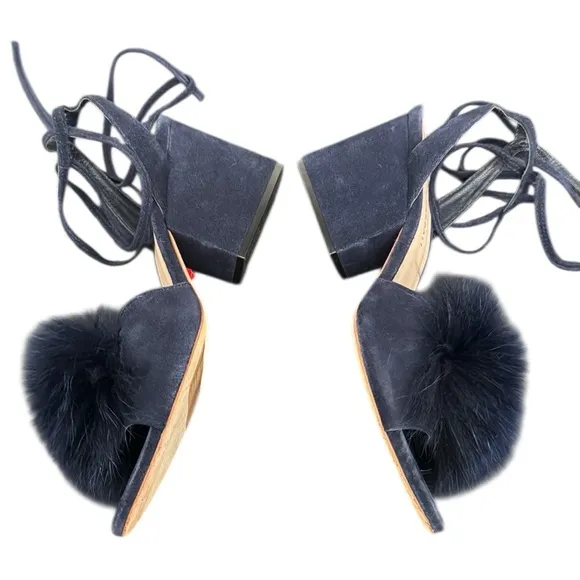 Loeffler Randall Nicky Fur-Accented Women's Navy chunky Heeled Sandals Sz 9B