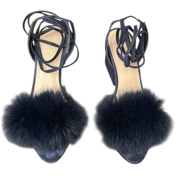 Loeffler Randall Nicky Fur-Accented Women's Navy chunky Heeled Sandals Sz 9B