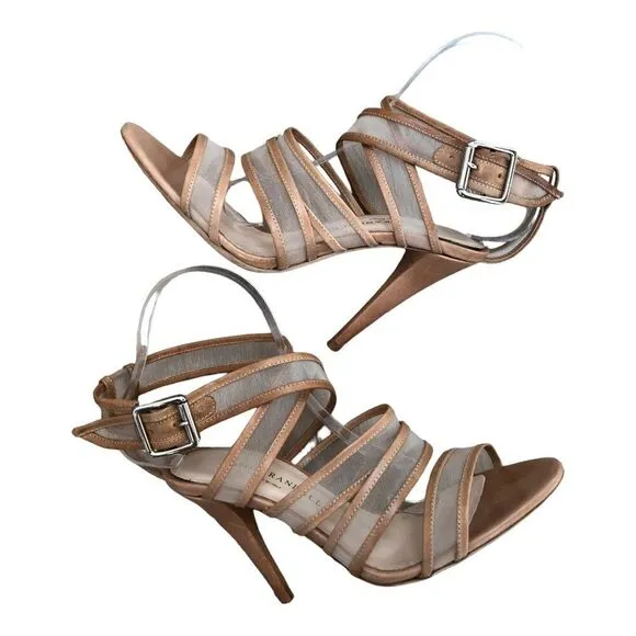 Loeffler Randall Paige Mesh Italian Leather Strappy Stiletto Heel Shoes Sz 7-1/2