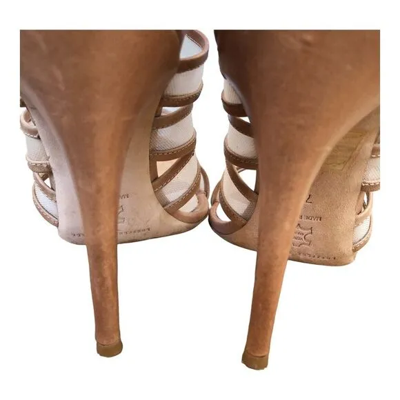 Loeffler Randall Paige Mesh Italian Leather Strappy Stiletto Heel Shoes Sz 7-1/2