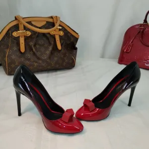 LOUIS VUITTON  Red &amp; Black Ombre Patent Leather Dice Heels Shoes sz 38/5