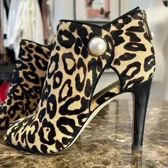 Louise set Cie Isabelle Cow Hair Leopard Print Peep Toe Boot Heels SIZE 7