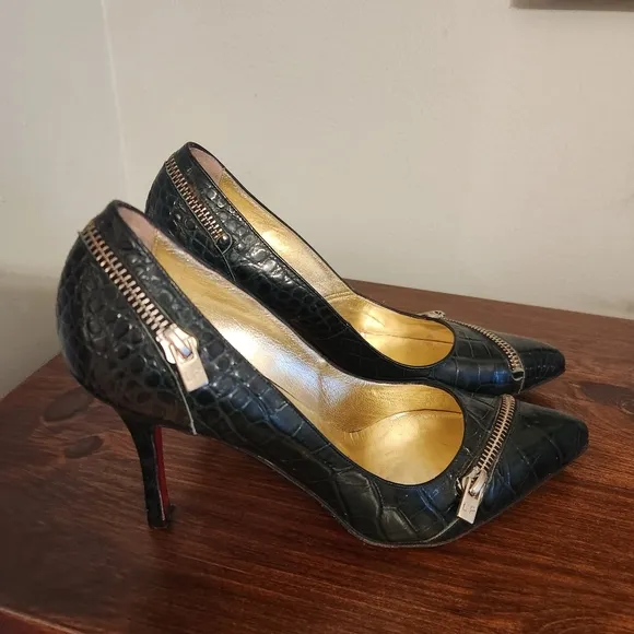 Luciano Padovan Croc-Embossed Leather Heels in Green Size 7, E.U. 37.5