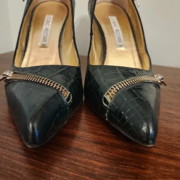 Luciano Padovan Croc-Embossed Leather Heels in Green Size 7, E.U. 37.5