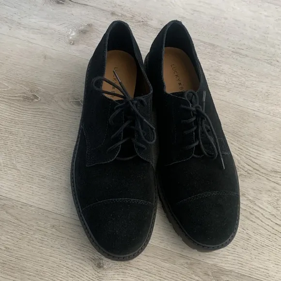 Lucky Brand women’s Black Suede Shoes oxfords size 10M leather lace up IBira new