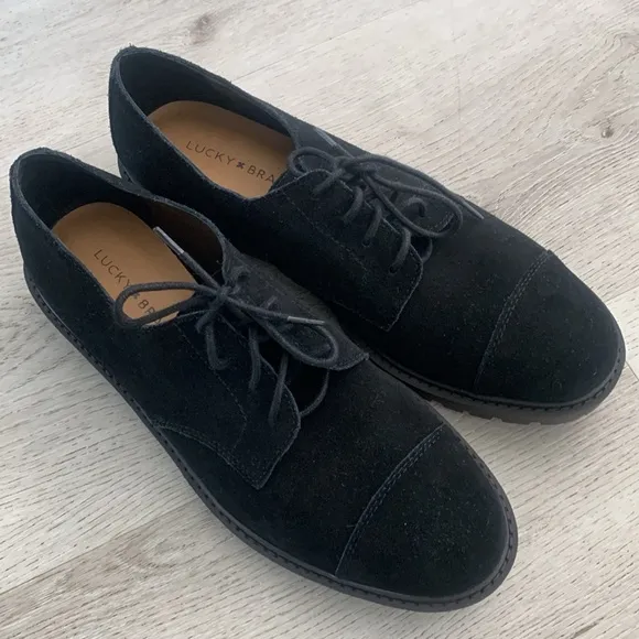 Lucky Brand women’s Black Suede Shoes oxfords size 10M leather lace up IBira new