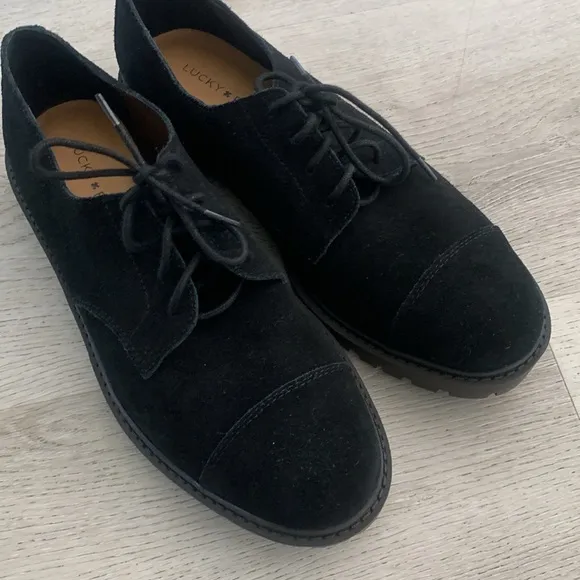 Lucky Brand women’s Black Suede Shoes oxfords size 10M leather lace up IBira new