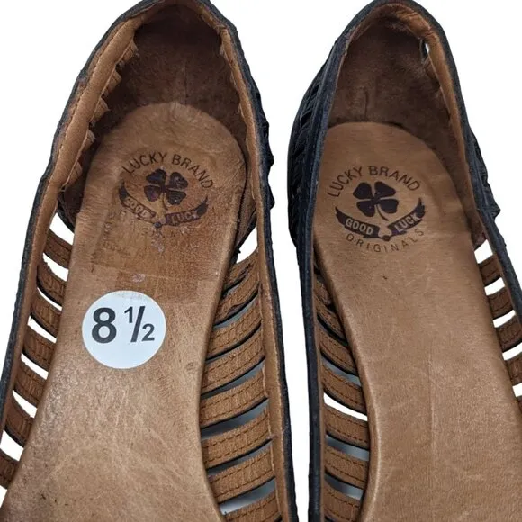 Lucky Brand Womens Shoes Black Strappy Leather Peep Toe  Low Wood Block Heel  US
