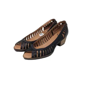 Lucky Brand Womens Shoes Black Strappy Leather Peep Toe  Low Wood Block Heel  US