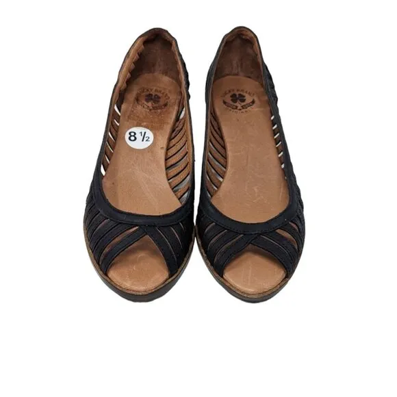 Lucky Brand Womens Shoes Black Strappy Leather Peep Toe  Low Wood Block Heel  US