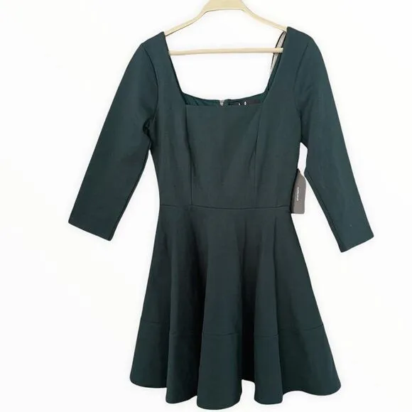 Lulu's Womens Green Square Neck 3/4 Sleeve Zipper Back Fit And Flare Dress Sz XS